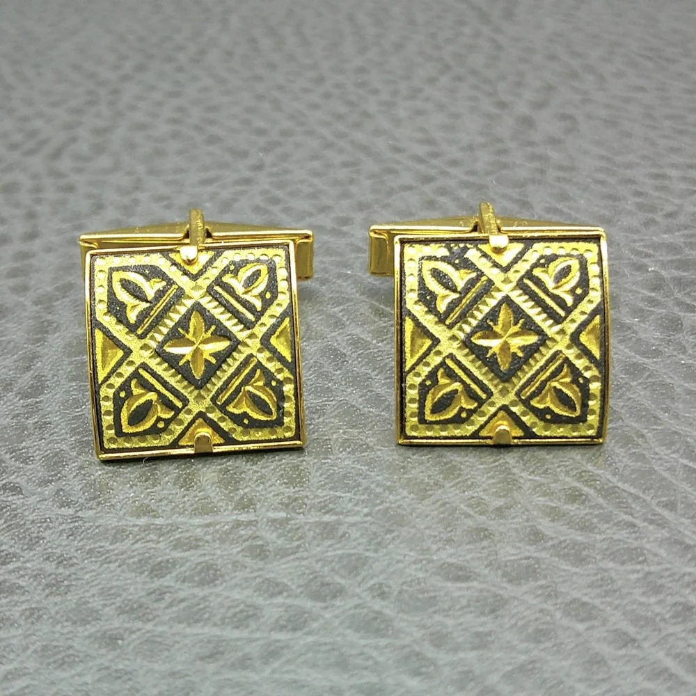 Vintage Gold Tone Damascene Cufflinks Square Geometric Etched Mid Century Style